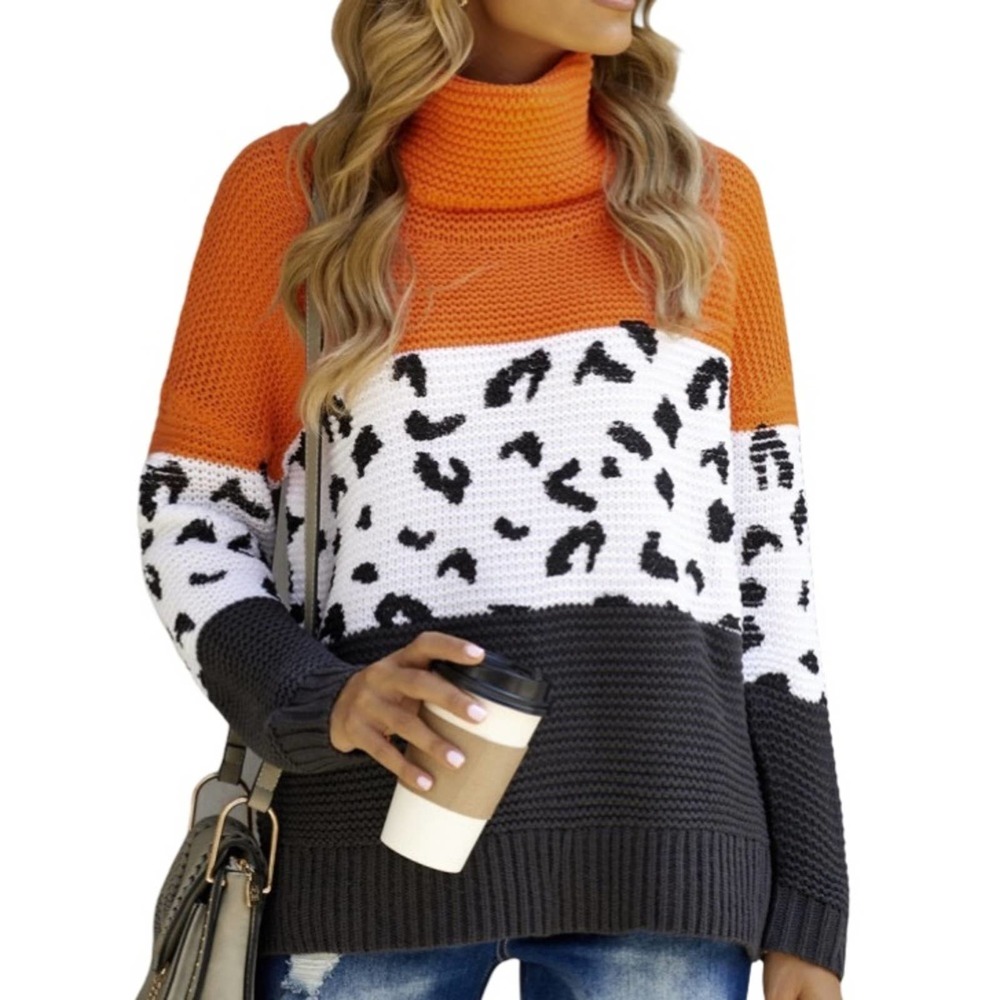 Orange and Leopard Colorblock Chunky Sweater